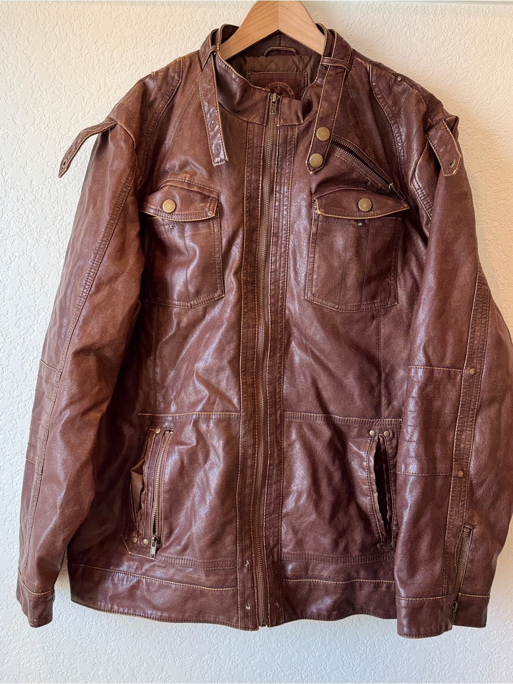 Men's Brown Leather Field Jacket with Zip & Snap Pockets